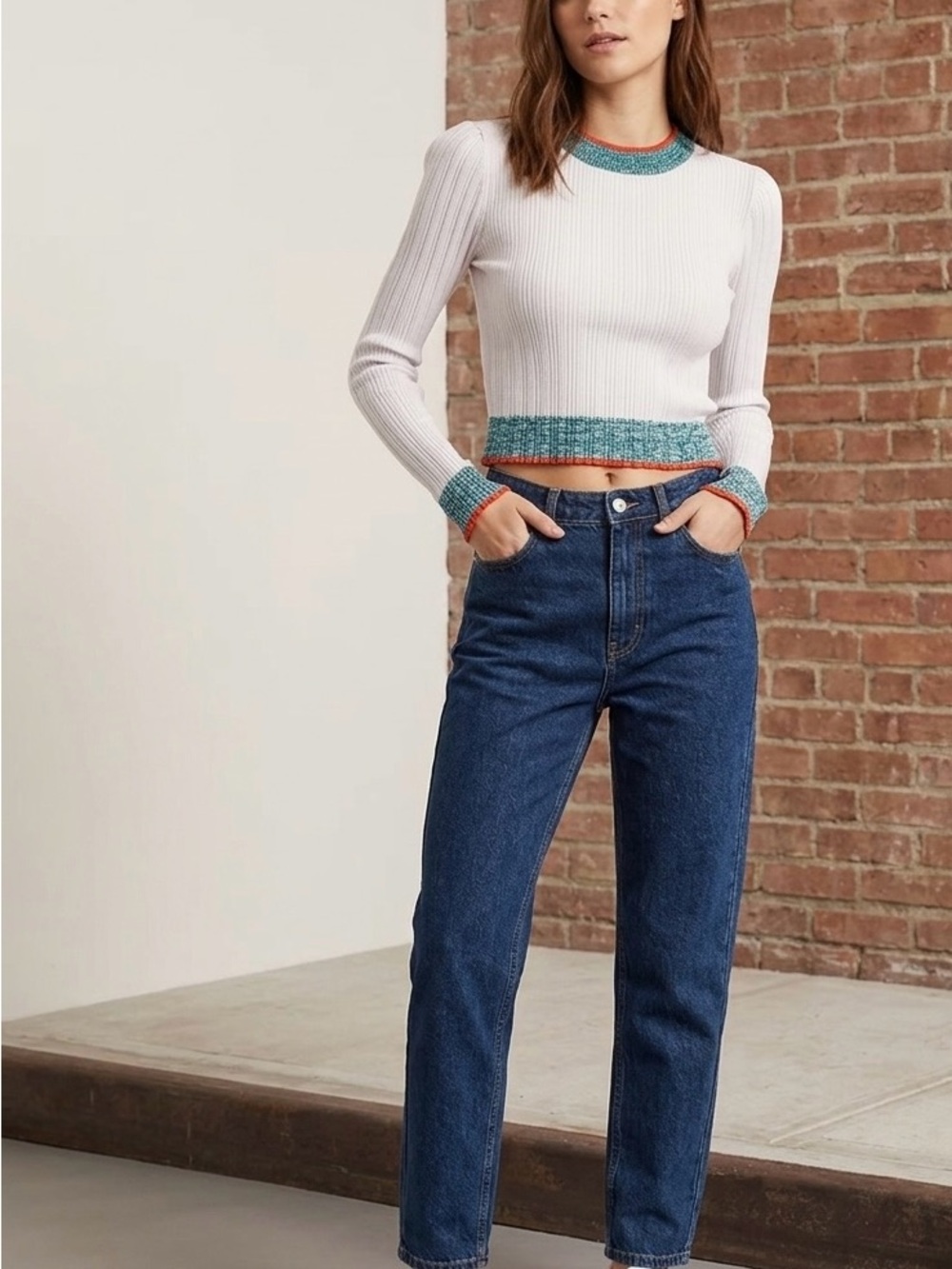 Topshop White Ribbed Long Sleeve Top with Blue Trim and Orange Accents